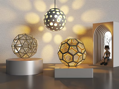 Geometric Spherical Decorative Ornament Set With Lighting Effects And Display Stands For Home Decor 3d model