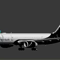 Modern Passenger Aircraft With White Fuselage Black Tail Green Wingtips SAT Logo And Twin Engines