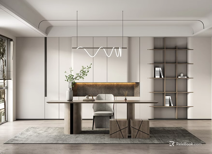 Modern Study Room Interior Design With Wooden Desk Bookshelf Green Plant And Pendant Light 3d model 