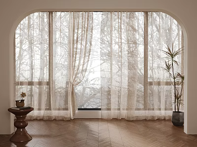 White Lace Curtains For Arched Window Interior With Natural Light And Trees Outside 3d model