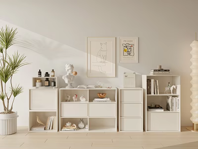 Modern Minimalist Entryway Console Cabinet With White Finish Decorative Items Artwork And Potted Plant 3d model