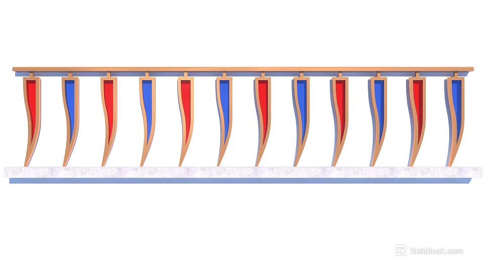 Decorative Fence With Red Blue Spiked Finials And Wooden Frame Design 3d model 