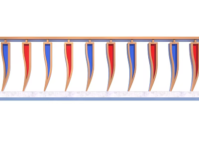 Decorative Fence With Red Blue Spiked Finials And Wooden Frame Design 3d model