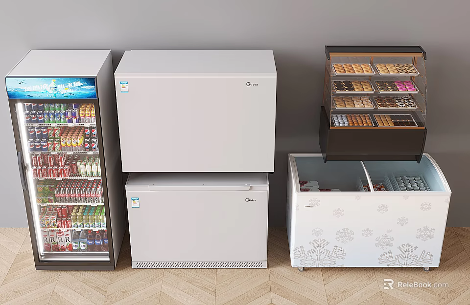 Commercial Display Coolers For Beverages And Pastry With White Floral Chest Freezers 3d model 