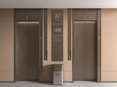 Modern Elevators In Lobby With Signage And Trash Bin 3d model