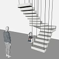 Modern White Staircase Design With Black Support Lines And Human Robot Models 3d model