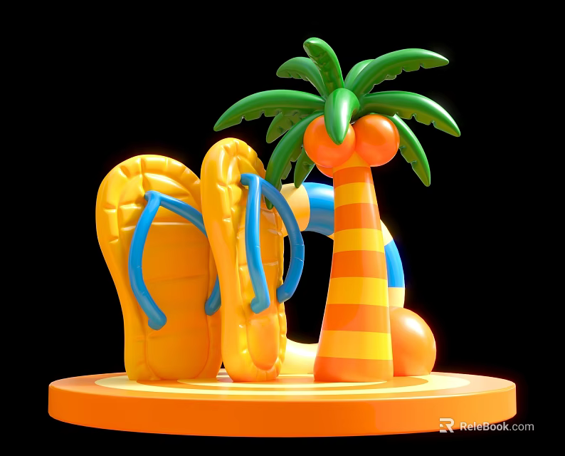 Inflatable Summer Beach Decor With Yellow Flip Flops Green Palm Tree And Orange Striped Elements 3d model 