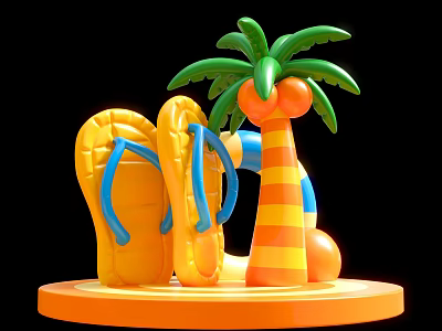 Inflatable Summer Beach Decor With Yellow Flip Flops Green Palm Tree And Orange Striped Elements 3d model