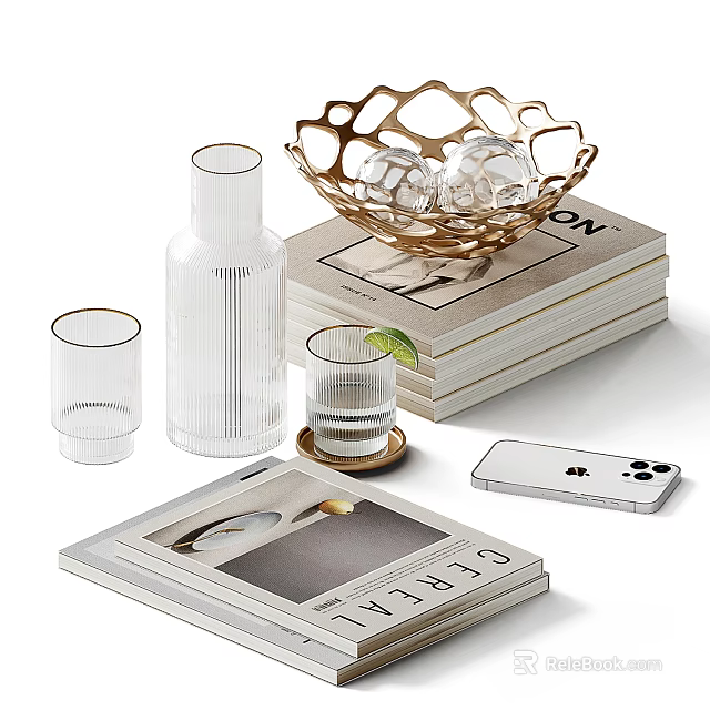 Decorative Ornament Set with Transparent Glassware Golden Hollow Bowl Books and Mobile Phone 3d model 