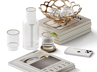 Decorative Ornament Set with Transparent Glassware Golden Hollow Bowl Books and Mobile Phone 3d model