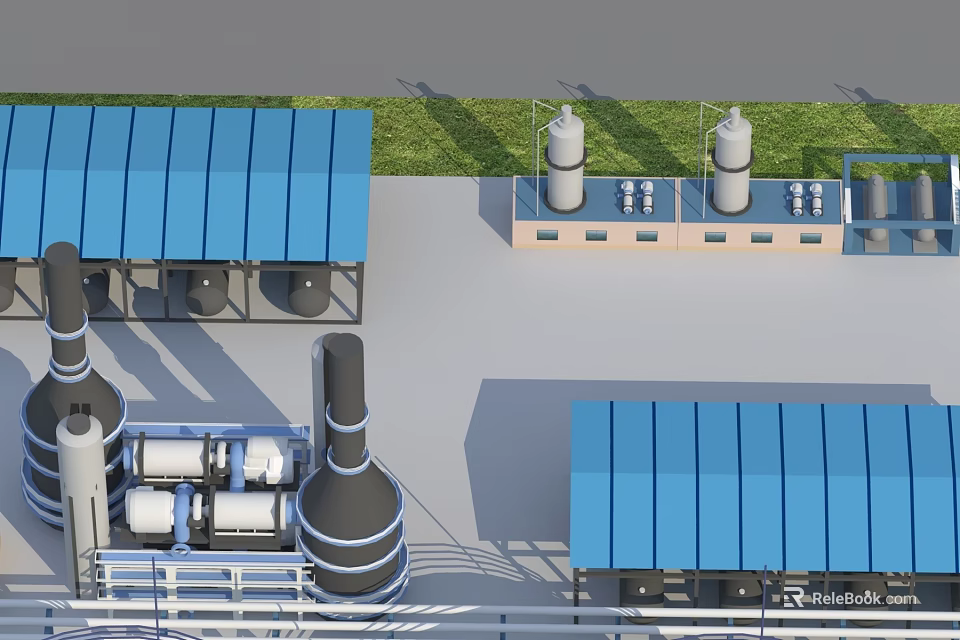 Industrial Plant With Blue Roof Buildings Storage Tanks Pipes Chimneys And Grass Area 3d model 