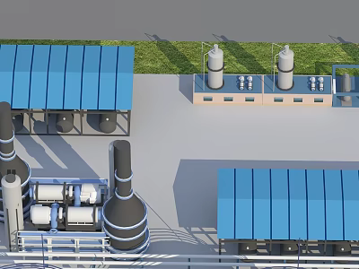 Industrial Plant With Blue Roof Buildings Storage Tanks Pipes Chimneys And Grass Area 3d model