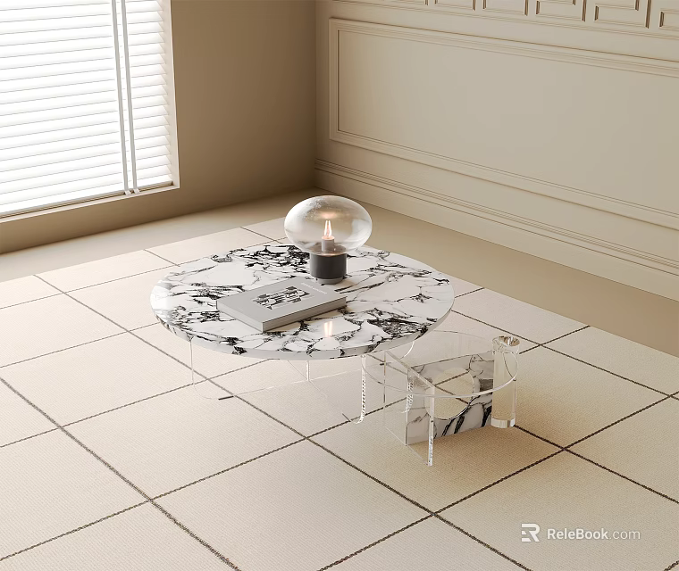 Round Marble Top Coffee Table With Clear Legs Glass Cloche And Book In Light Interior 3d model 