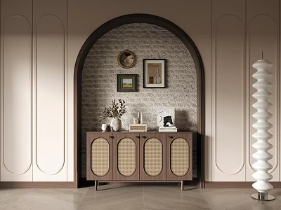 Modern Entryway Side Cabinet With Arched Textured Wall Wooden Doors And Framed 3d model
