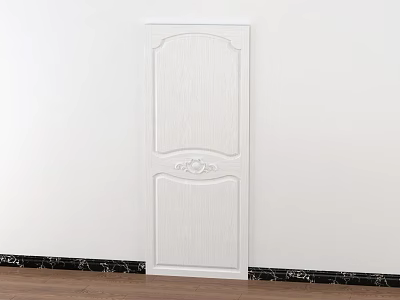 Intricate Carved White Wardrobe Door Against White Wall with Black Patterned Baseboard and Wooden Floor 3d model