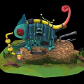 Cartoon Scene With Whimsical Green Blue Structure Spiral Ornament Colorful Pipes And Stone Stairs