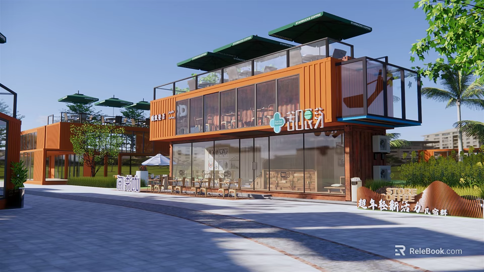Modern Commercial Complex Featuring Container Structure Orange Facade Large Glass Windows And Outdoor Seating 3d model 