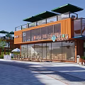 Modern Commercial Complex Featuring Container Structure Orange Facade Large Glass Windows And Outdoor Seating 3d model