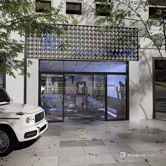 Modern Milk Tea Shop Exterior With Glass Doors And Lit Sign 3d model 