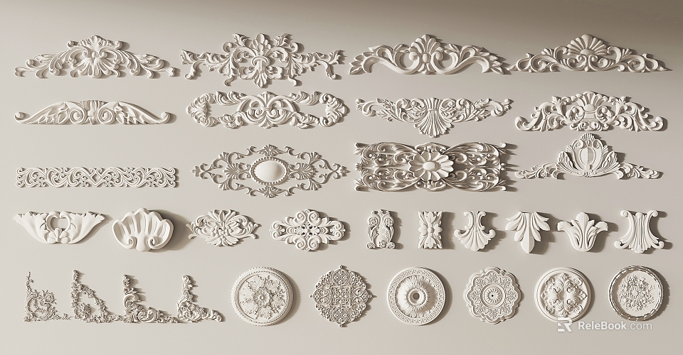 Elegant Carved Ornamental Decorative Design Elements With Various Floral And Scroll Patterns 3d model 