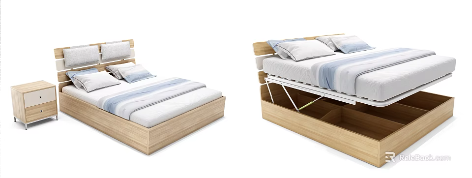 Practical Wooden Bed Design With Foldable Structure Drawers And Striped Sheets 3d model 