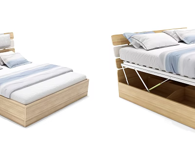 Practical Wooden Bed Design With Foldable Structure Drawers And Striped Sheets 3d model