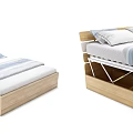 Practical Wooden Bed Design With Foldable Structure Drawers And Striped Sheets