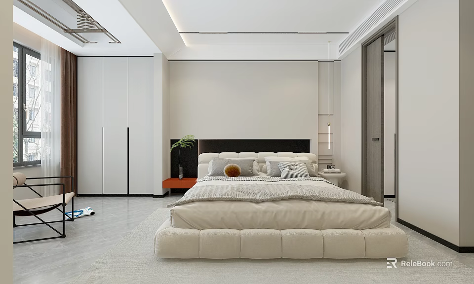 Modern Bedroom Interior with Upholstered Bed White Wardrobe Nightstand Potted Plant and Brown Curtains 3d model 
