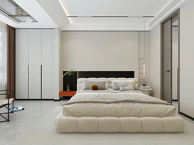 Modern Bedroom Interior with Upholstered Bed White Wardrobe Nightstand Potted Plant and Brown Curtains 3d model