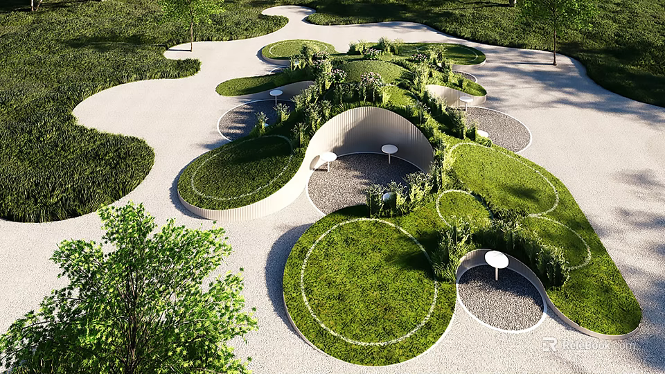 Creative Garden Landscaping With Circular Grass Areas White Pathways Seating And Green Plants 3d model 
