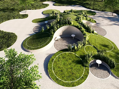 Creative Garden Landscaping With Circular Grass Areas White Pathways Seating And Green Plants 3d model
