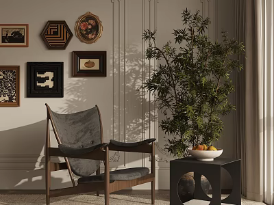 Gray Accent Chair With Black Side Table Fruit Bowl Tall Green Plant And Wall Art 3d model