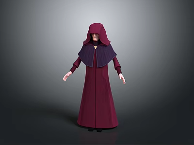 Man In Hooded Dark Red Robe With Purple Collar Standing Against Gray Background 3d model