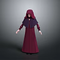 Man In Hooded Dark Red Robe With Purple Collar Standing Against Gray Background