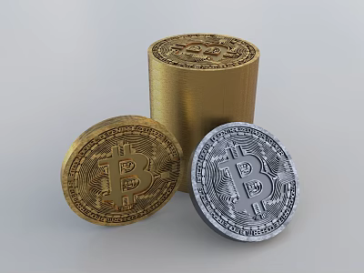 Bitcoin Decorative Ornament Set with Gold Cylindrical Ornament and Gold Silver Bitcoin Coins 3d model