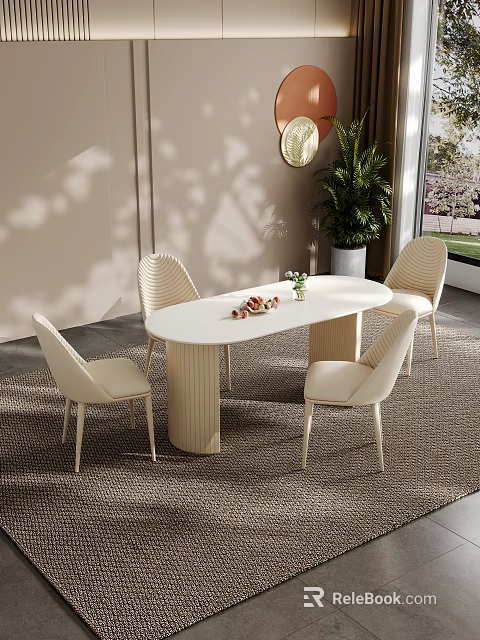 Elegant White Oval Dining Table Set with Beige Woven Chairs and Green Plant in Interior 3d model 