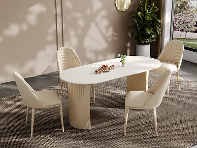 Elegant White Oval Dining Table Set with Beige Woven Chairs and Green Plant in Interior 3d model