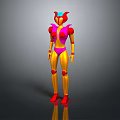 3D Humanoid Fantasy Character With Pink Yellow Body Red Horns Blue Center And Red Joints