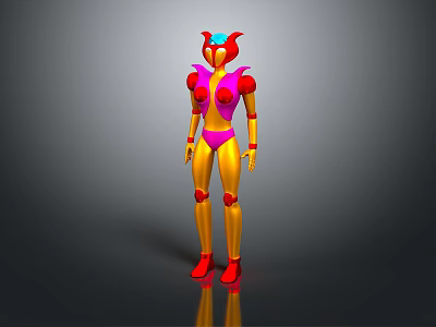 3D Humanoid Fantasy Character With Pink Yellow Body Red Horns Blue Center And Red Joints 3d model