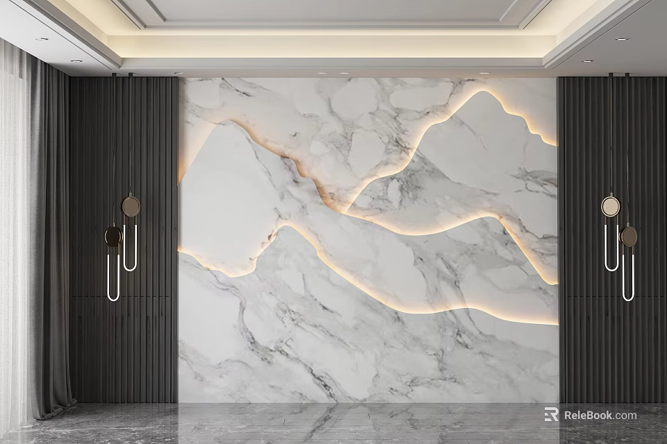 Modern Marble Backdrop Wall With Stylish Lighting And Dark Curtain Interior Design 3d model