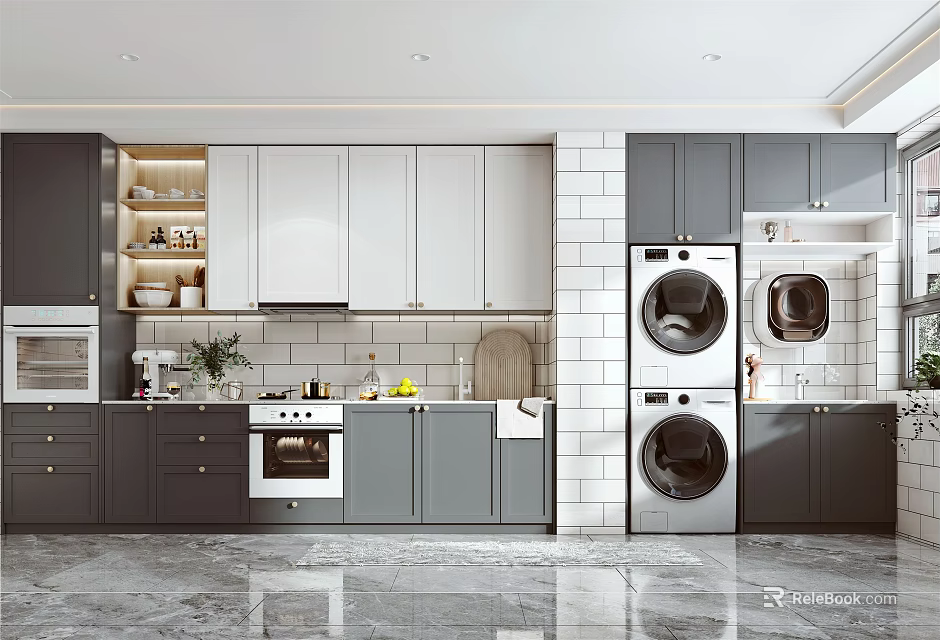 Modern Kitchen Interior With Gray White Cabinets Washer Dryer And Marble Countertops 3d model 