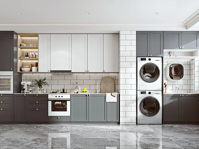 Modern Kitchen Interior With Gray White Cabinets Washer Dryer And Marble Countertops 3d model