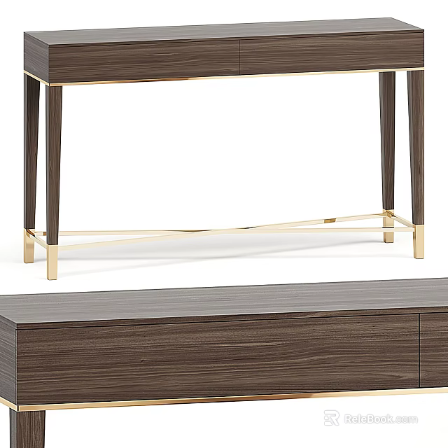 Stylish Console Table And Side Cabinet With Walnut Finish Gold Metal Legs For Entryway 3d model 