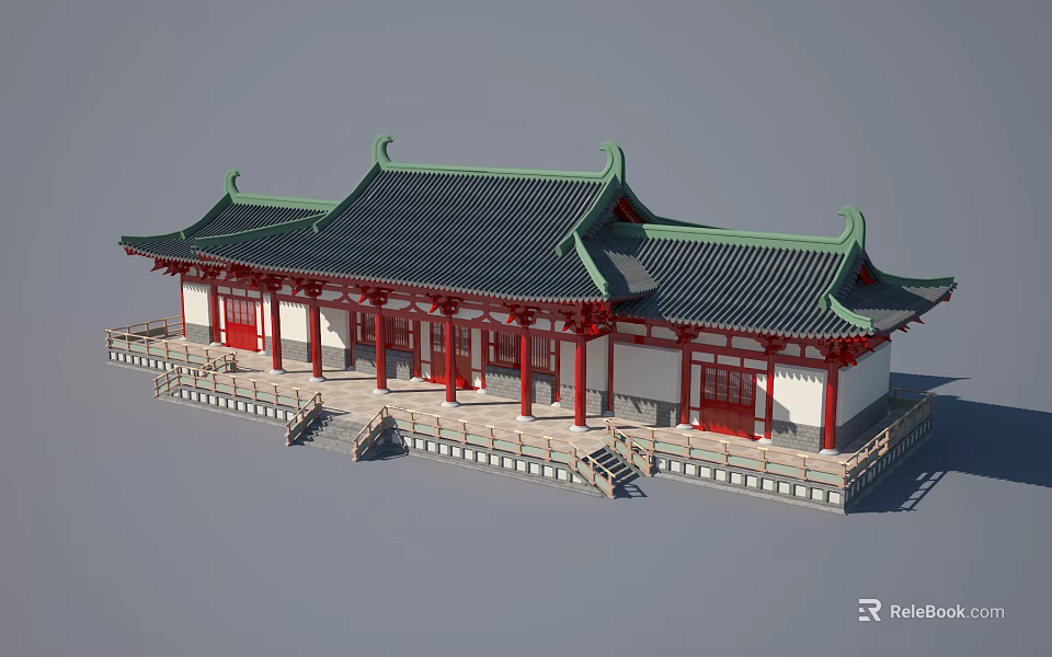 Traditional Ancient Chinese Architecture With Green Roof Red Pillars Wooden Railings And Steps 3d model 