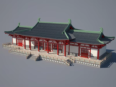 Traditional Ancient Chinese Architecture With Green Roof Red Pillars Wooden Railings And Steps 3d model