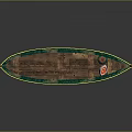 Traditional Wooden Boat With Green Edge Red Circular Emblem And Wooden Structure For Water Transport
