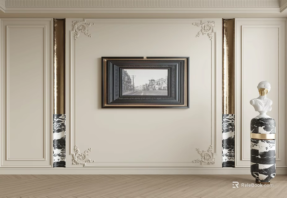 Elegant Background Wall Design With Intricate Carvings Framed Painting And Decorative Pillars 3d model 