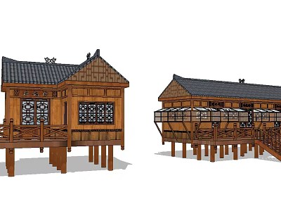 Traditional Wooden House With Sloped Rooftop Wooden Windows And Stilt Structure 3d model