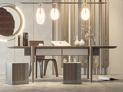 Modern Study Room Interior Design With Wooden Desk Pendant Lights And Circular Decorative Art 3d model