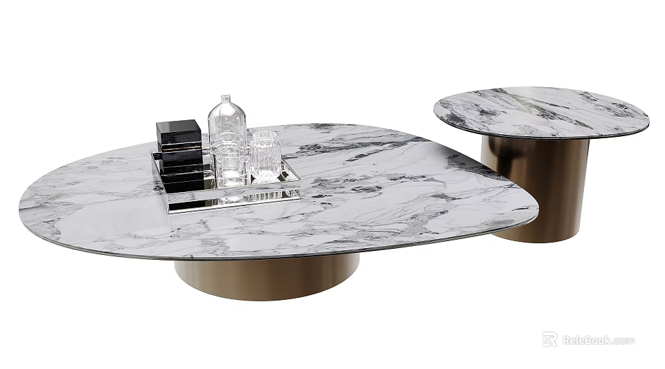 Modern Nested Coffee Tables With Marble Top Gold Metal Base And Tray Glassware 3d model 